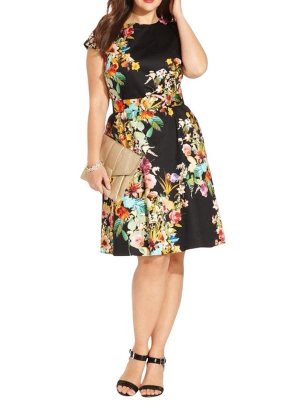 Spense Black Floral Fit n Flare Midi Dress